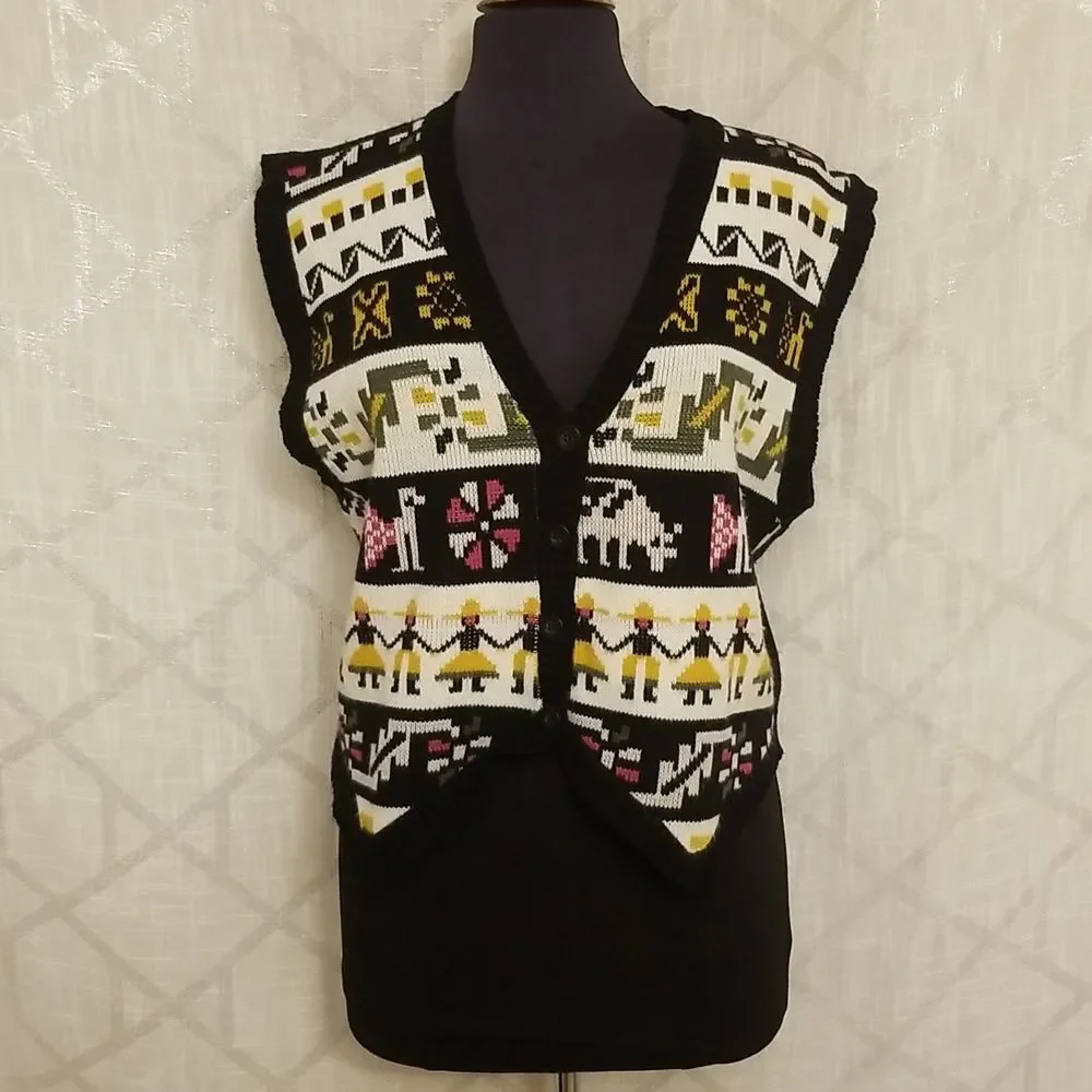 Vintage Boho Art to Wear Knit Cardigan Vest Grannycore Womens S/M Y2k Knit